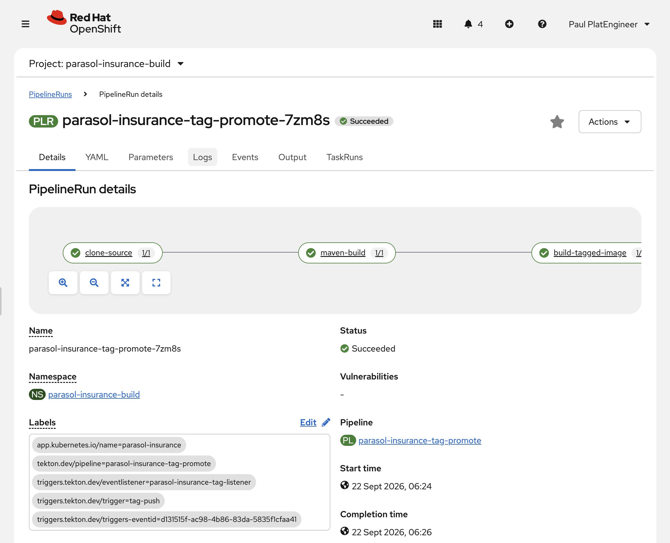 A PipelineRun for the parasol-insurance application, in the OpenShift Web Console