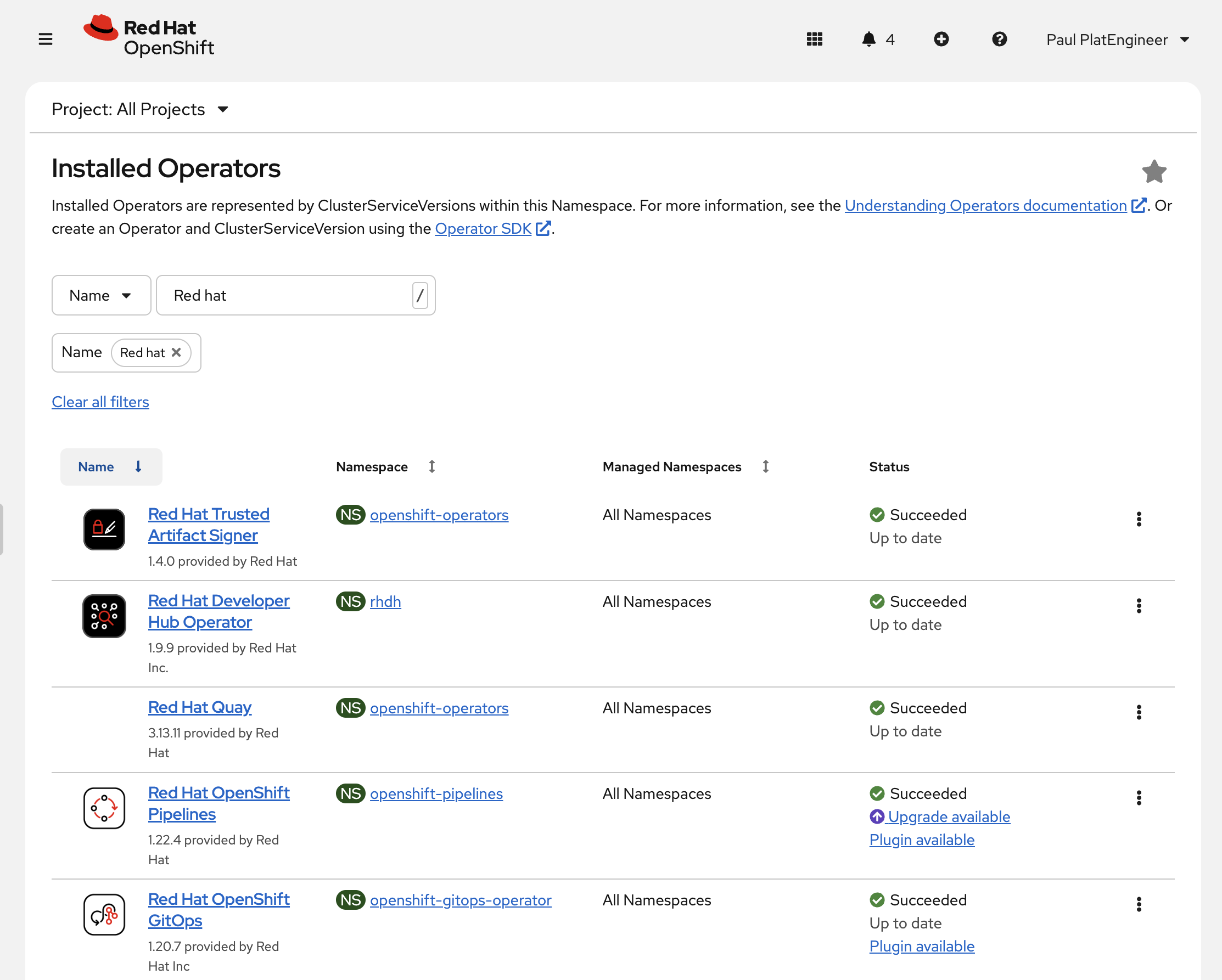 Red Hat Operators list in the OpenShift Web Console