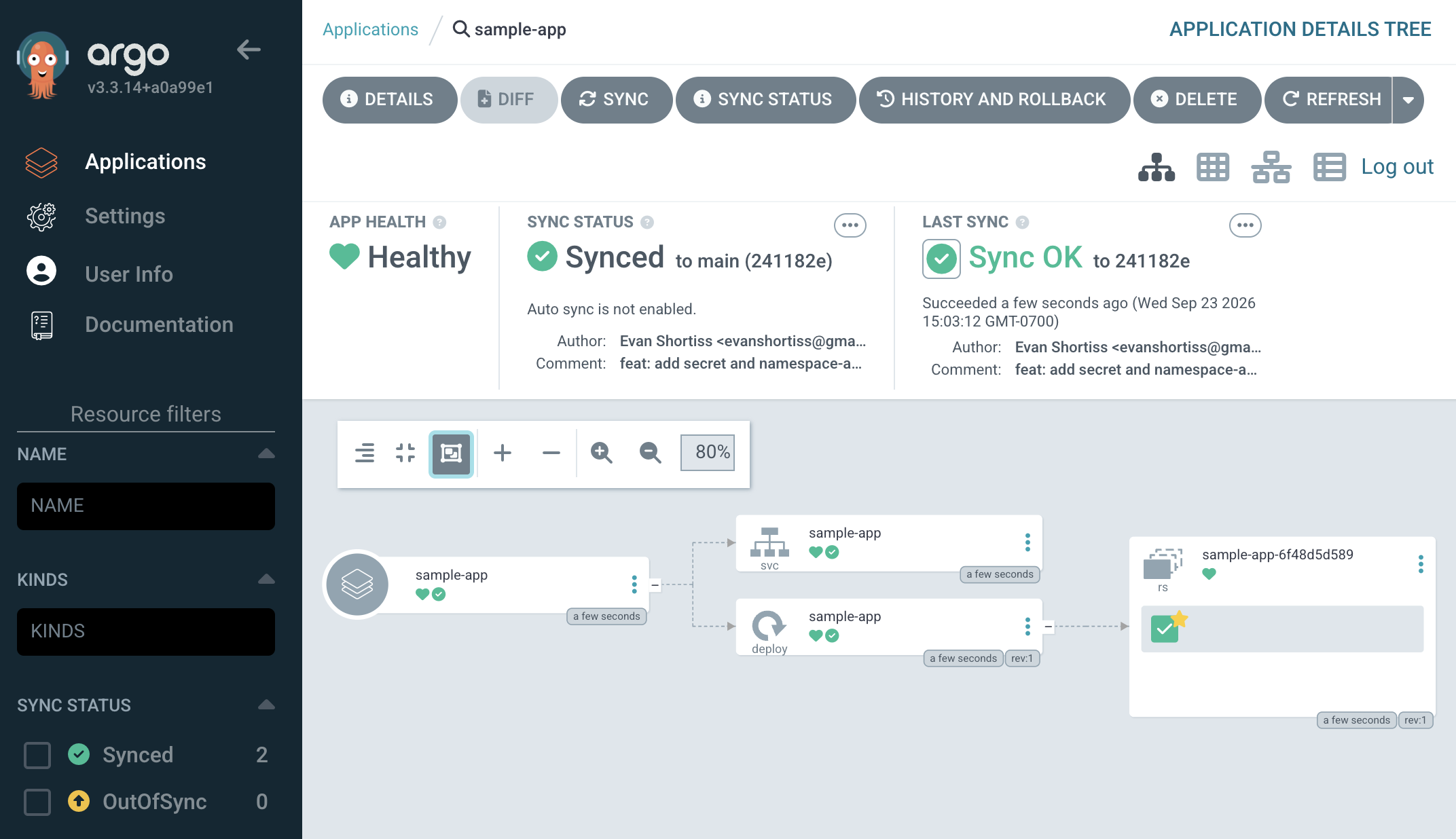 Sample Application showing Synced and Healthy in Argo CD