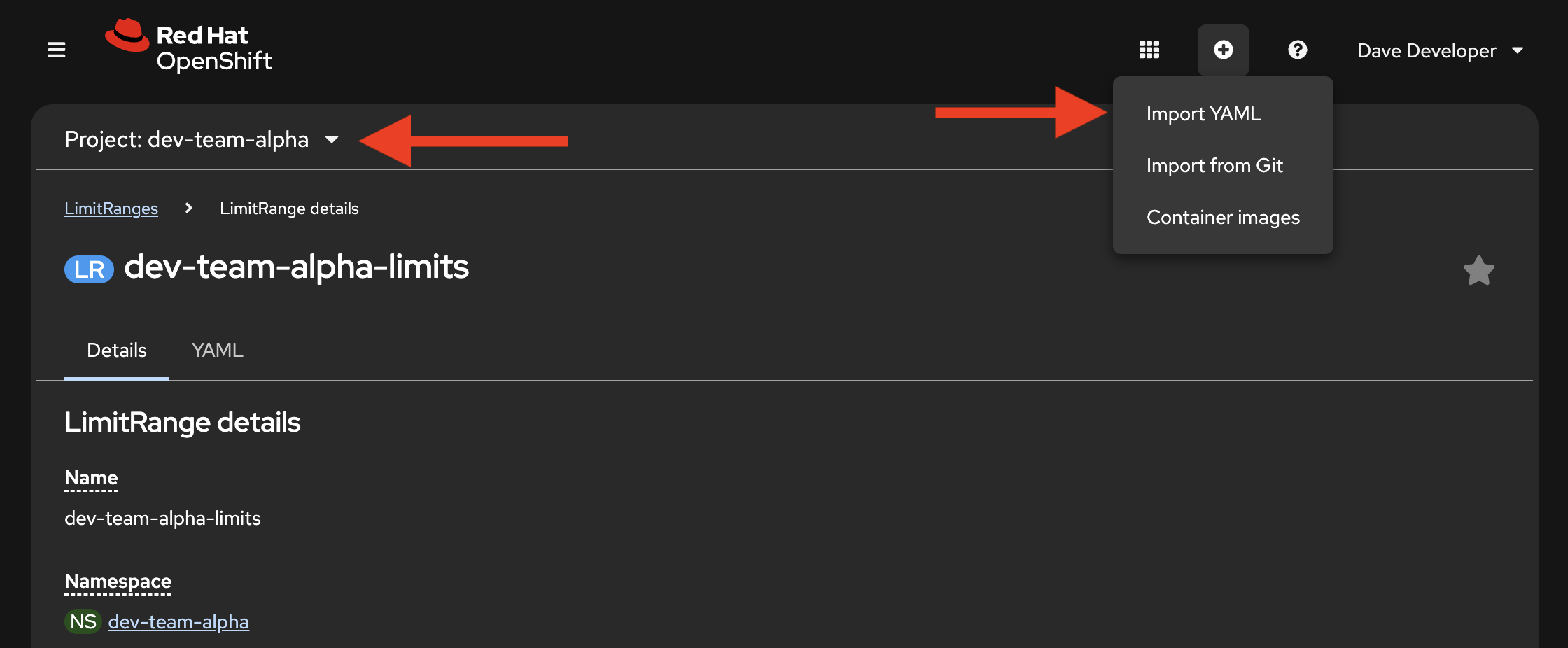 Find the Import YAML link in OpenShift’s Web Console