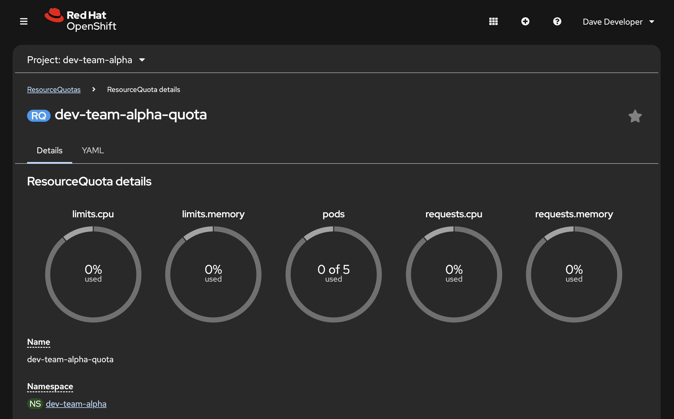 The ResourceQuota usage for the dev-team-alpha Namespace
