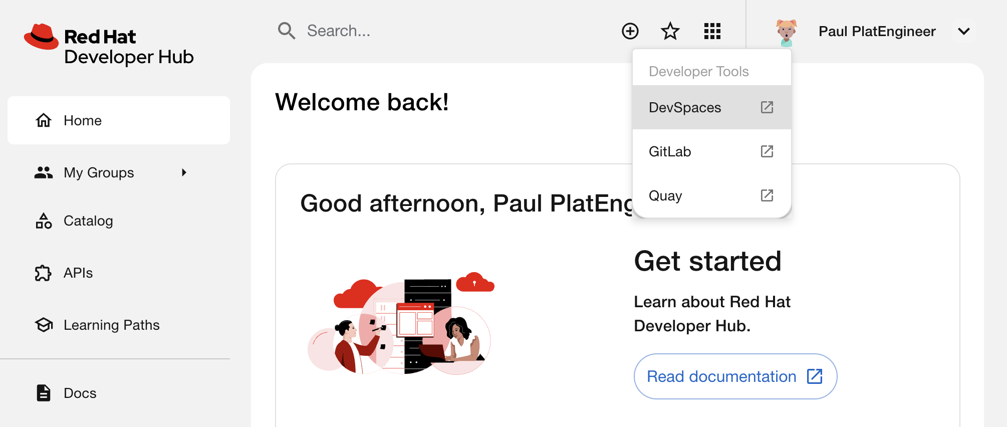 Developer Hub header showing identity and new links