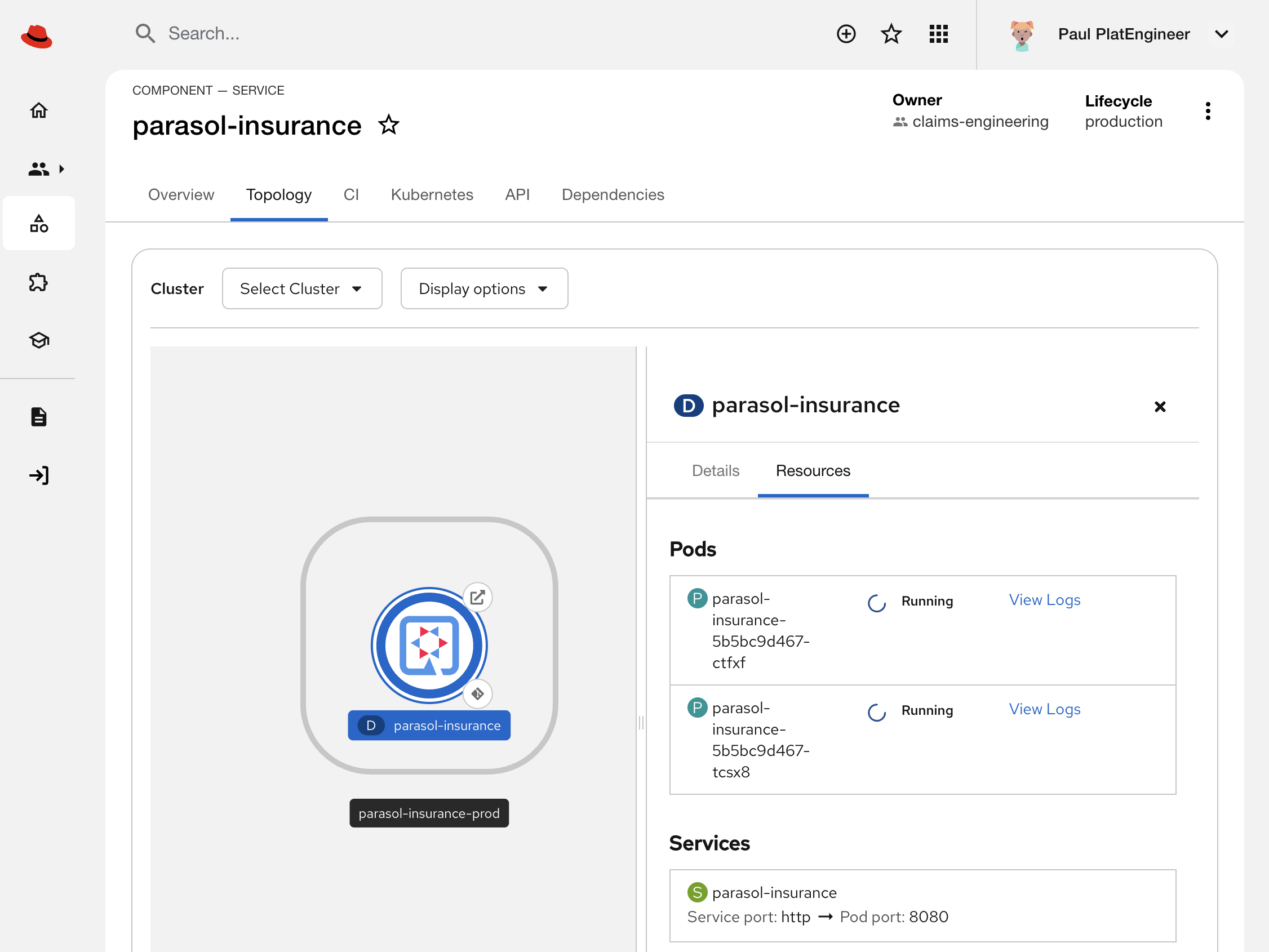 Parasol Insurance viewed in an OpenShift-styled Topology View