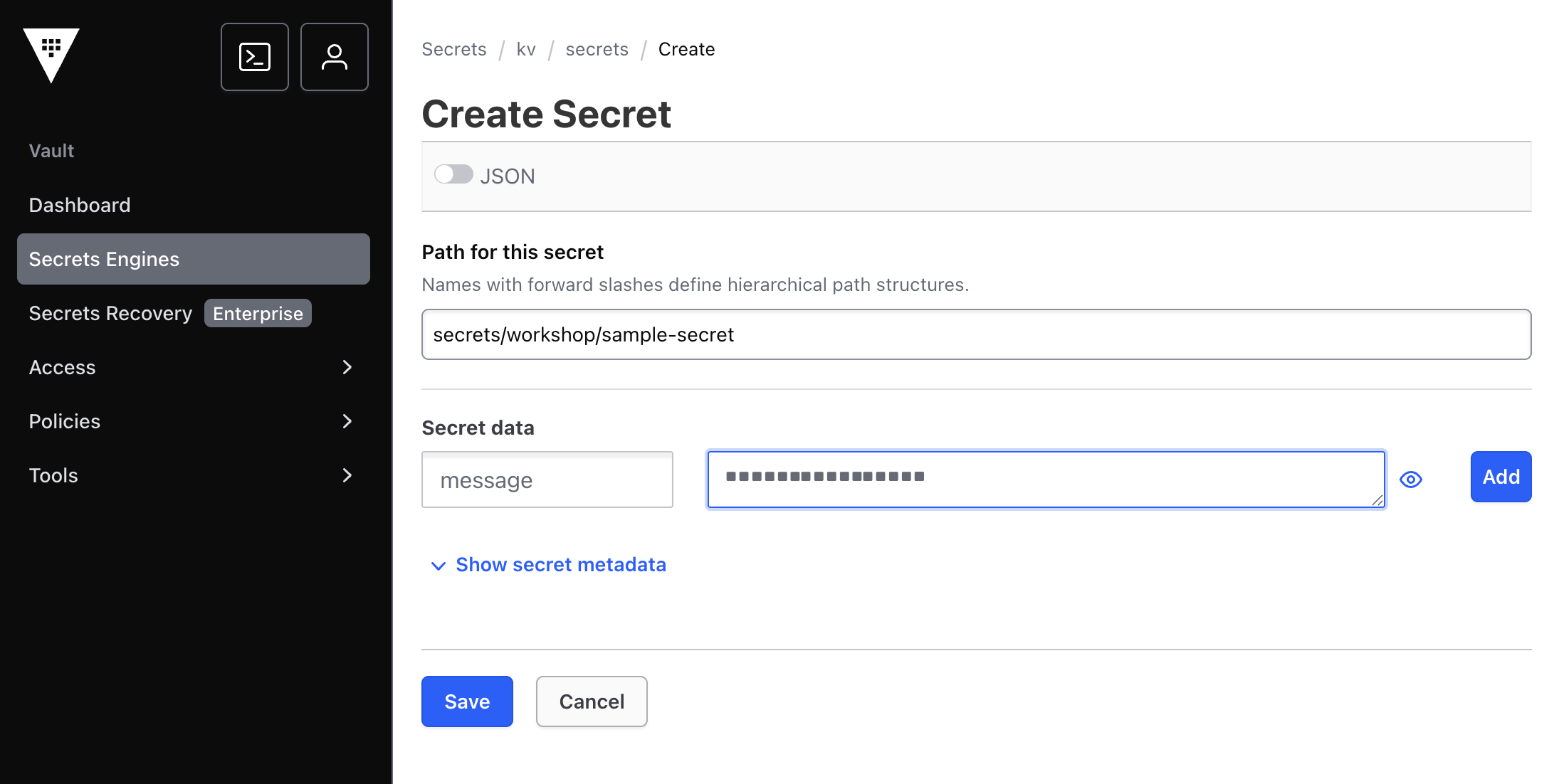 Creating a new Secret in Vault