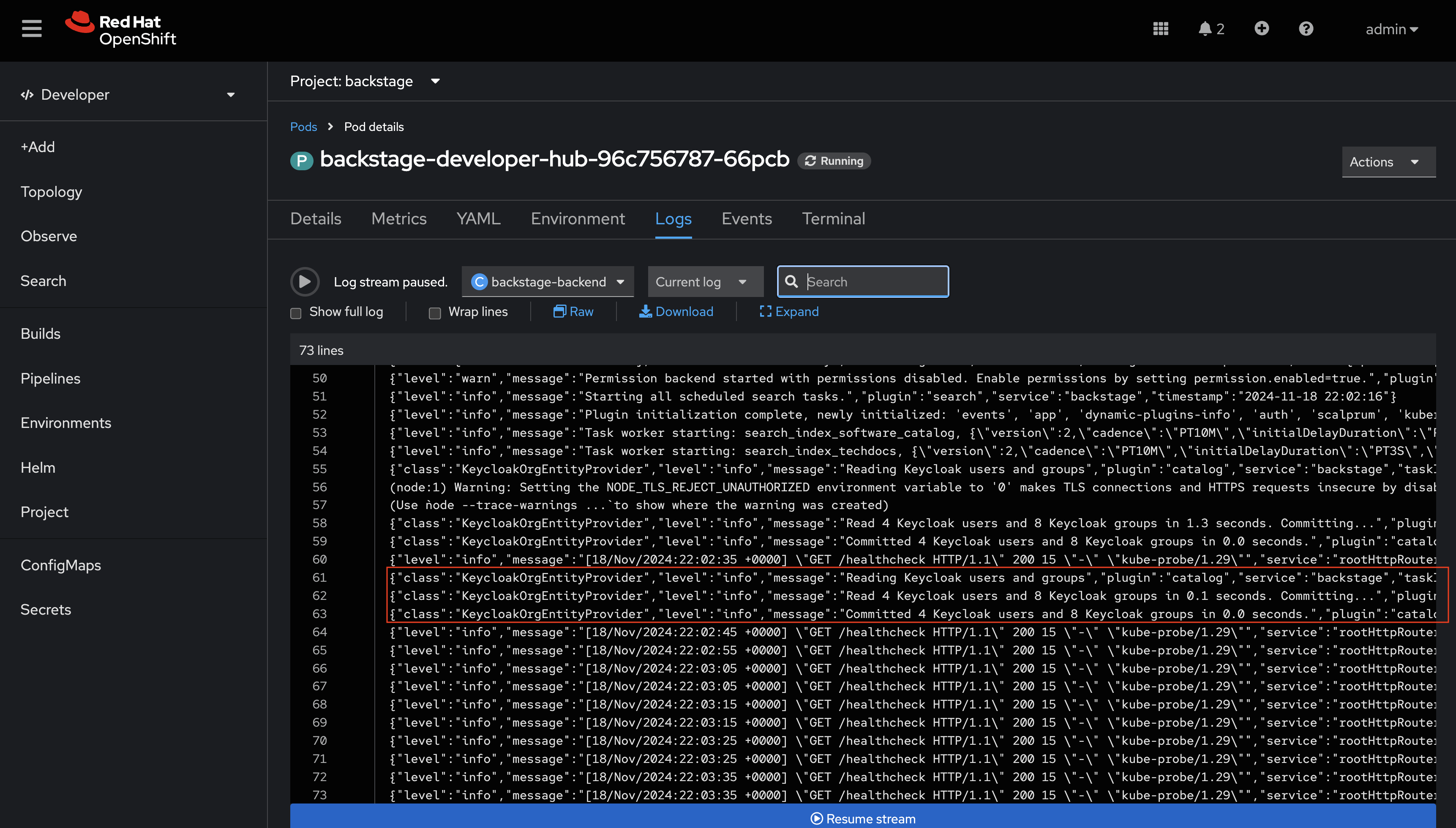 Red Hat Developer Hub Pod logs as seen in the OpenShift Console