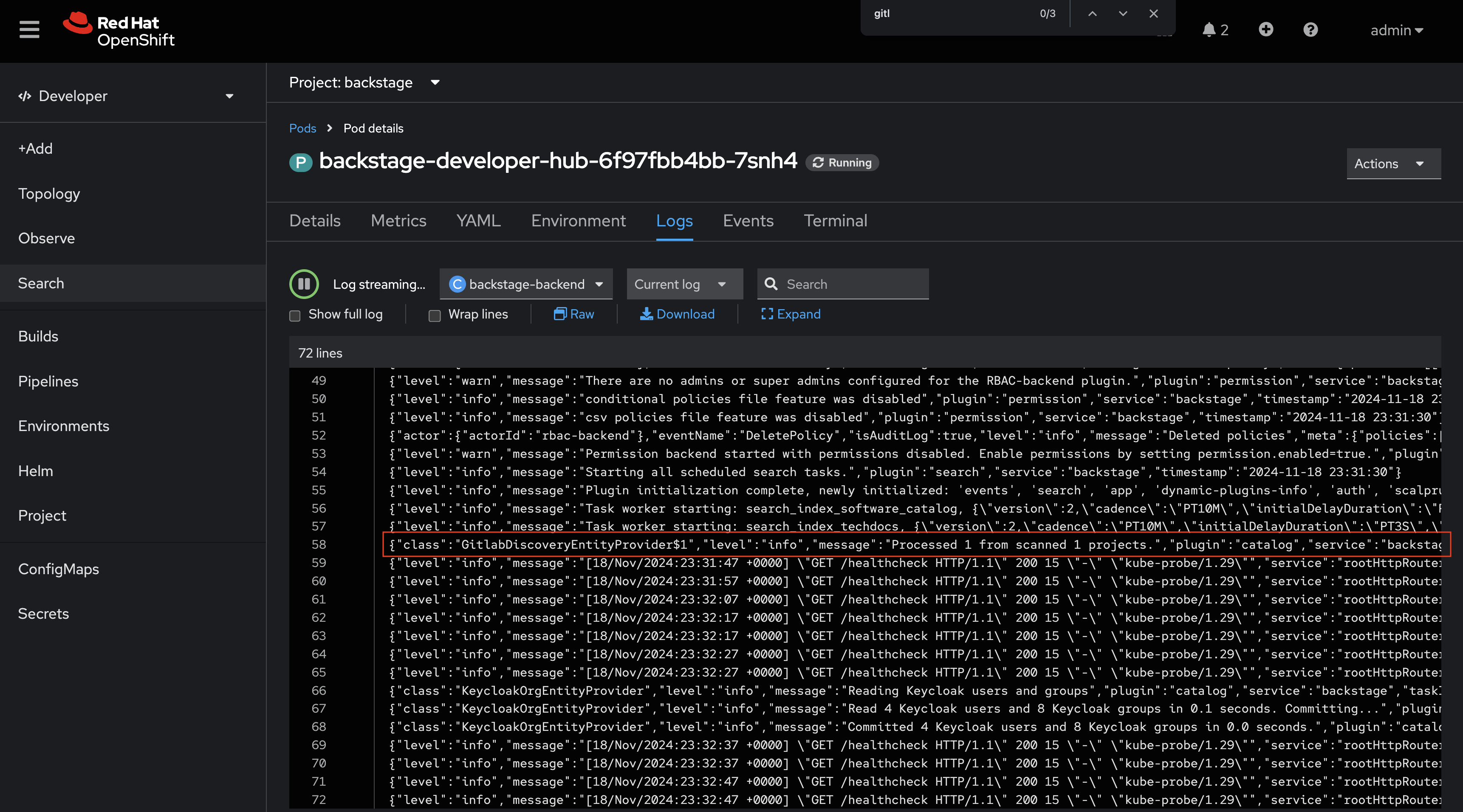 GitLab Autodiscovery Logs in the OpenShift Console