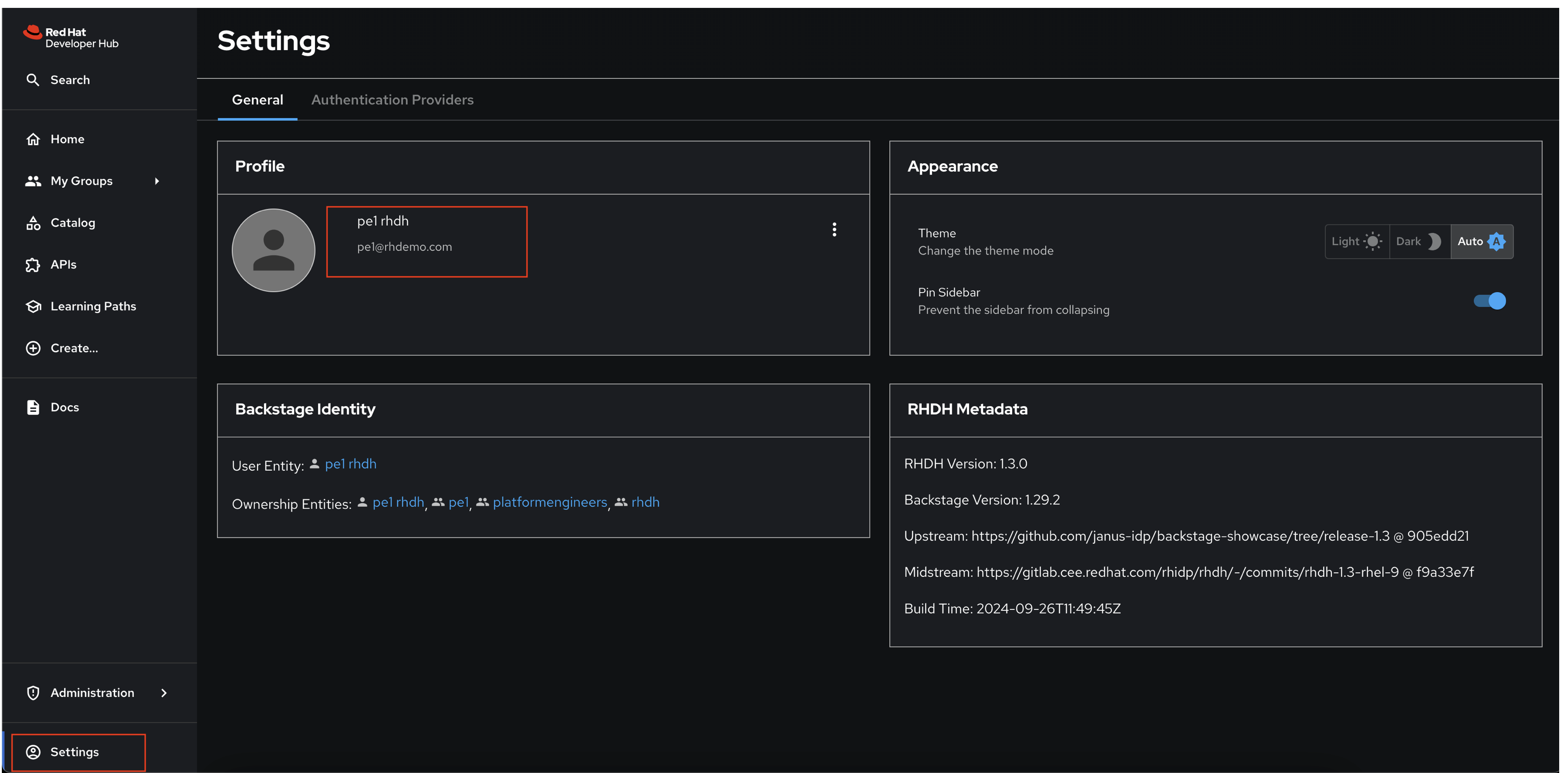 Viewing the user details on the Settings UI in Red Hat Developer Hub