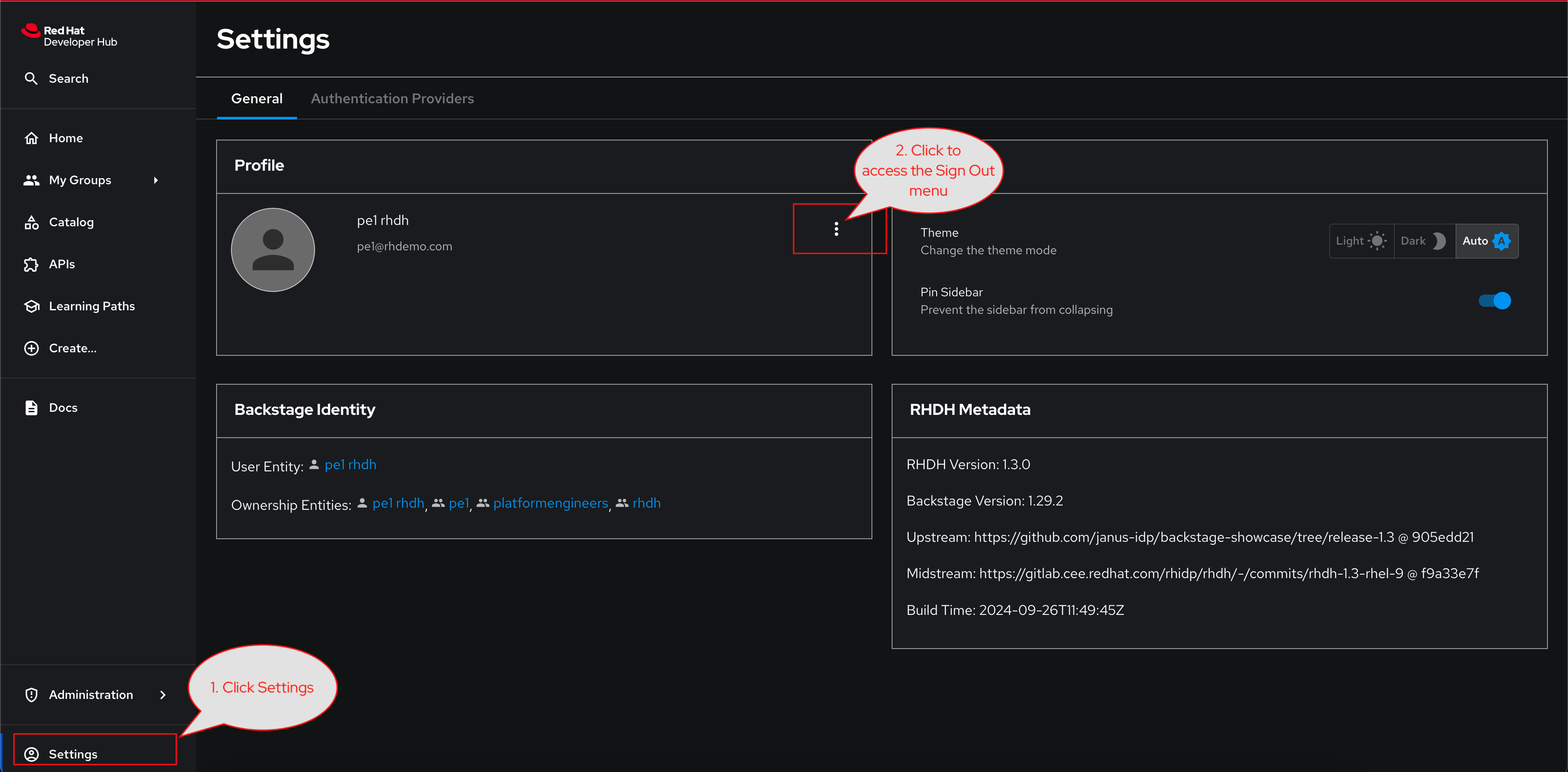 Settings of Red Hat Developer Hub