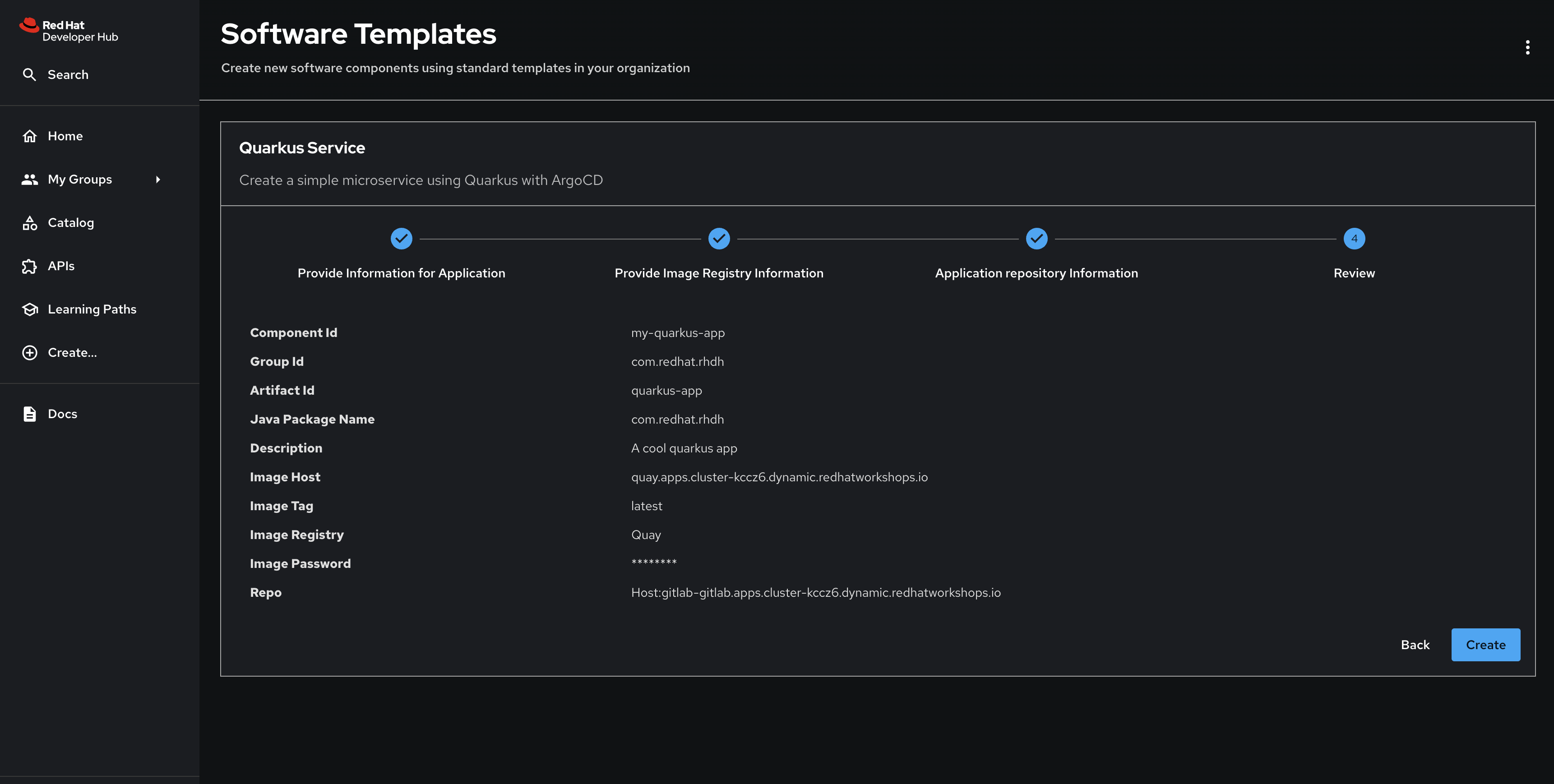 Reviewing template parameters in Red Hat Developer Hub