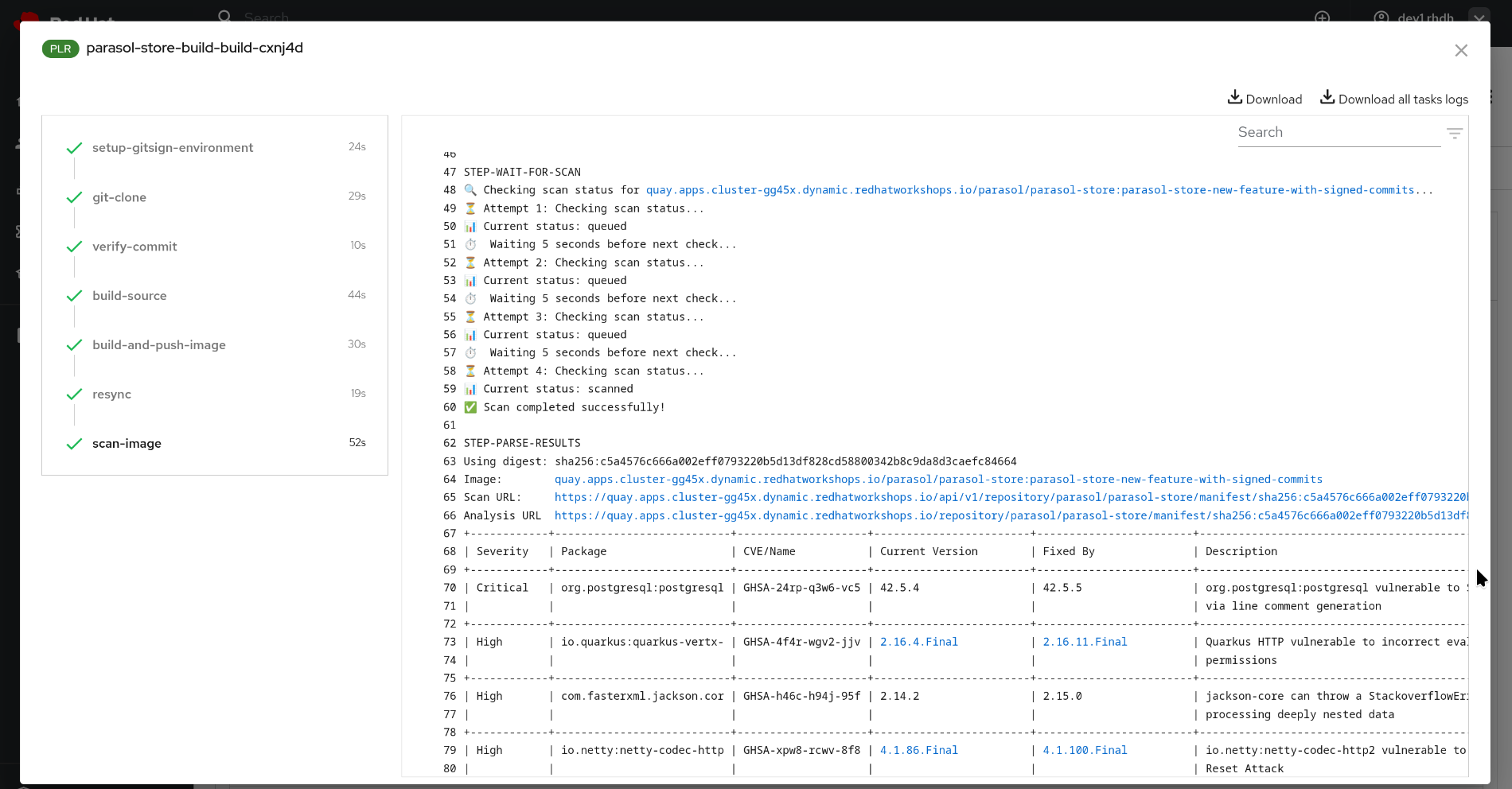 DevPipeline scan logs