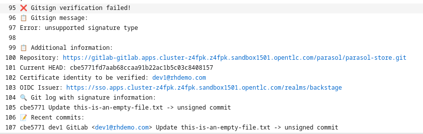 unsigned commit pipeline failed log