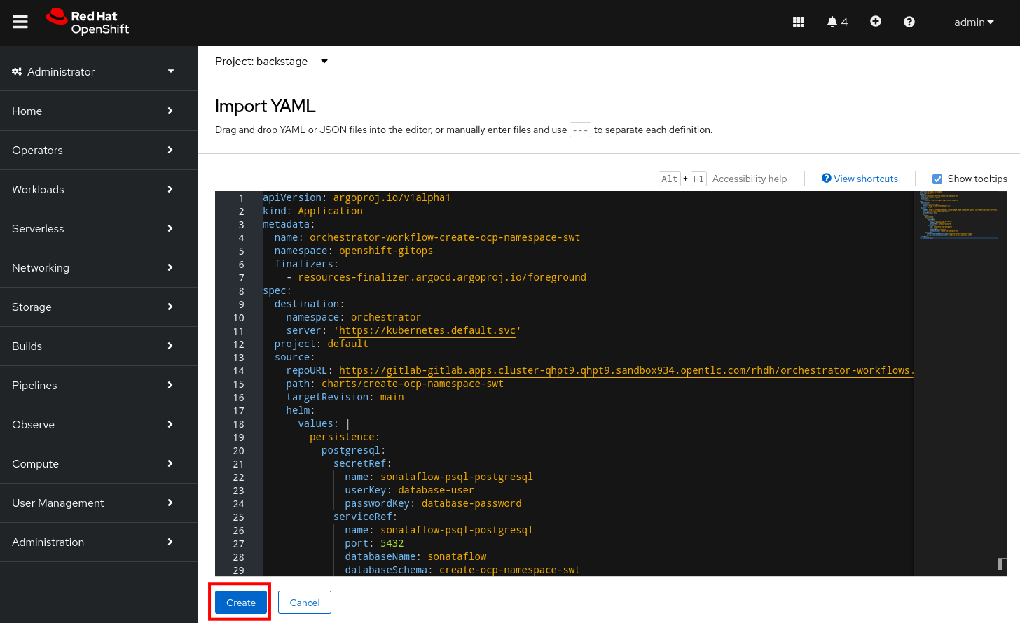 OpenShift Console Import Create