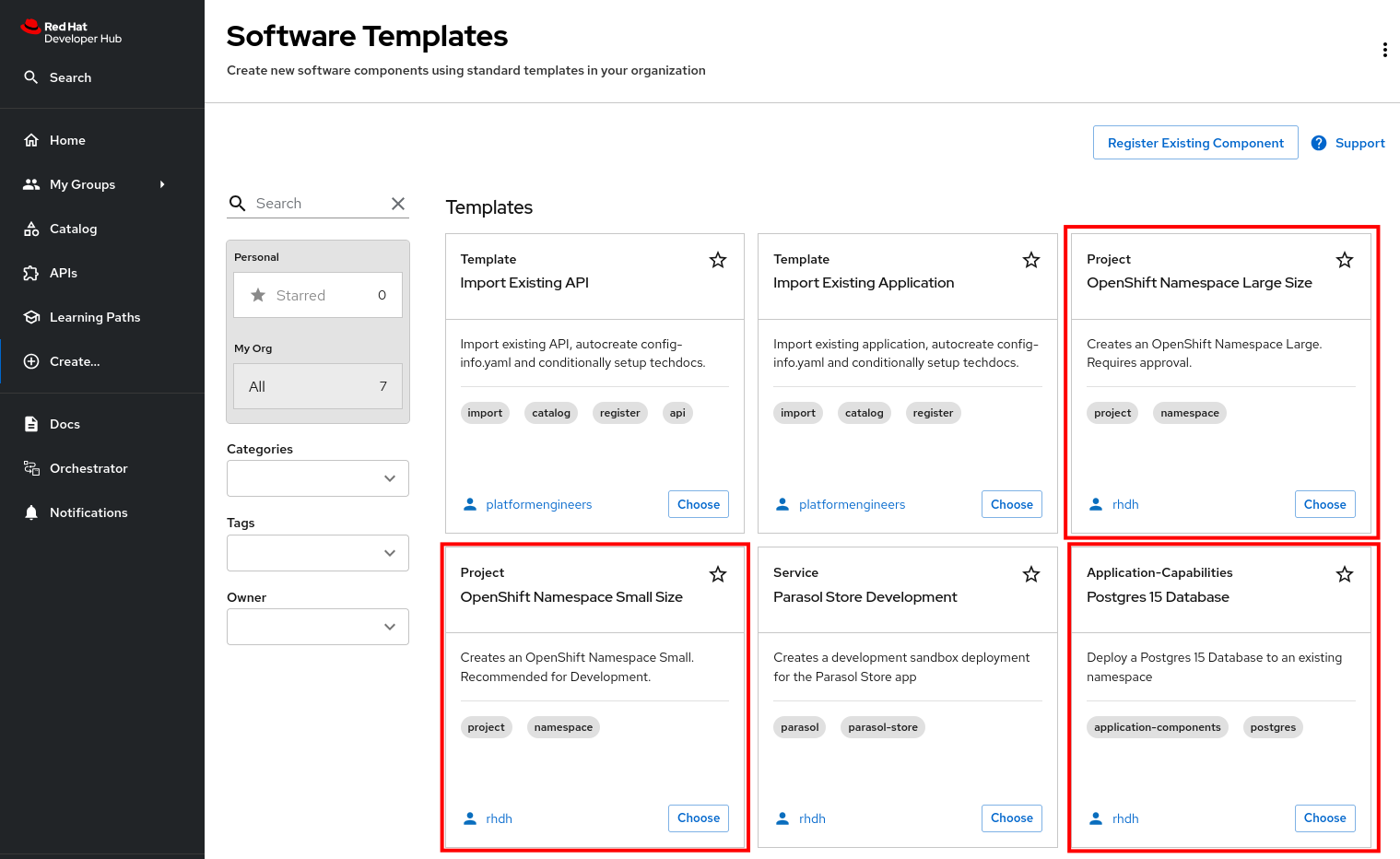 Developer Self Service Software Templates